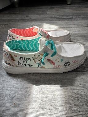 Hey Dude White Slip-On Sneakers with Teal and Coral Accents